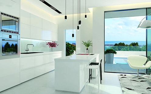 เกาะครัวไม้สีขาวออกแบบห้องครัวเฟอร์นิเจอร์สไตล์ตกแต่งภายใน, วอลล์เปเปอร์ HD HD wallpaper