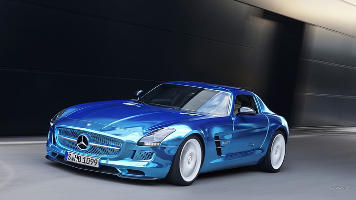 niebieski Mercedes-Benz SLS AMG coupe, Mercedes SLS, Mercedes Benz, niebieskie samochody, samochód, pojazd, Tapety HD