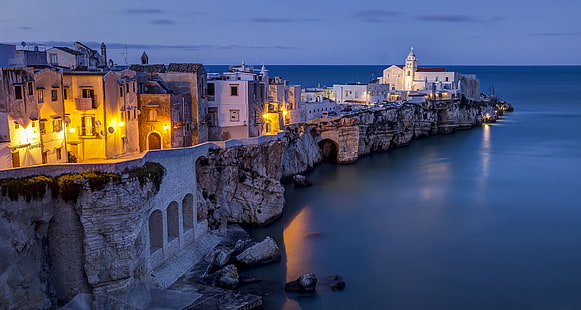 sea, rocks, building, Italy, Apulia, The Adriatic sea, Adriatic Sea, Vieste, HD wallpaper HD wallpaper