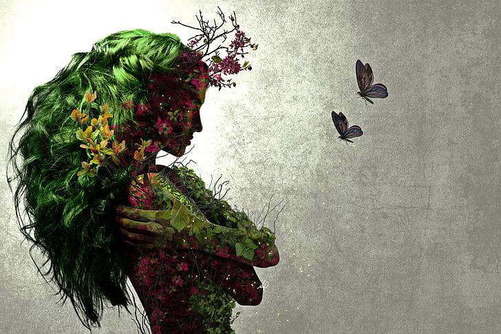 Frauen, Natur, Blumen, Schmetterlinge, Schmetterling, Kunstwerk, Gaia, HD-Hintergrundbild