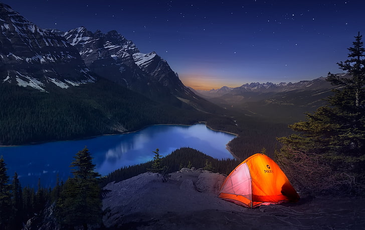 оранжевая палатка, свет, горы, ночь, канада, палатка, путешествие, HD обои