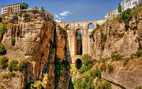 ロンダスペイン、ロンダ、スペイン、水道橋、橋、アーチ、岩、 HDデスクトップの壁紙 HD wallpaper