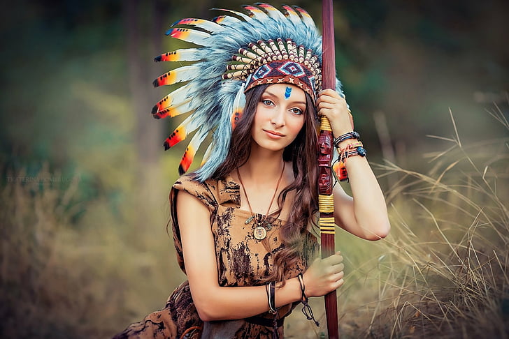 Women, Native American, Asian, Brown Eyes, Brunette, Depth Of Field, Feather, Girl, Headdress, Long Hair, Model, Woman, HD wallpaper