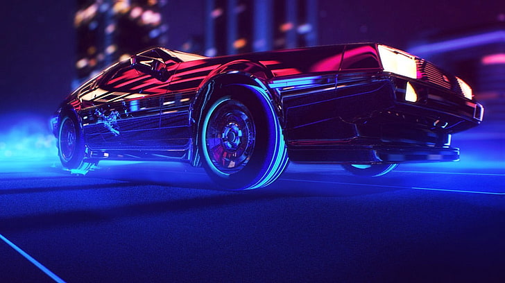 иллюстрация красного купе, synthwave, 1980-е, неон, DeLorean, автомобиль, ретро-игры, HD обои