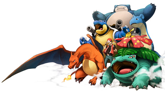 Pokemon, Pokemon: Merah dan Biru, Blastoise (Pokémon), Charizard (Pokémon), Lapras (Pokémon), Pikachu, Red (Pokémon), Snorlax (Pokémon), Venusaur (Pokémon), Wallpaper HD HD wallpaper