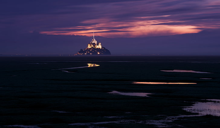 the sky, France, island, backlight, fortress, twilight, purple, Mont-Saint-Michel, Mont Saint-Michel, the mountain of the Archangel Michael, HD wallpaper