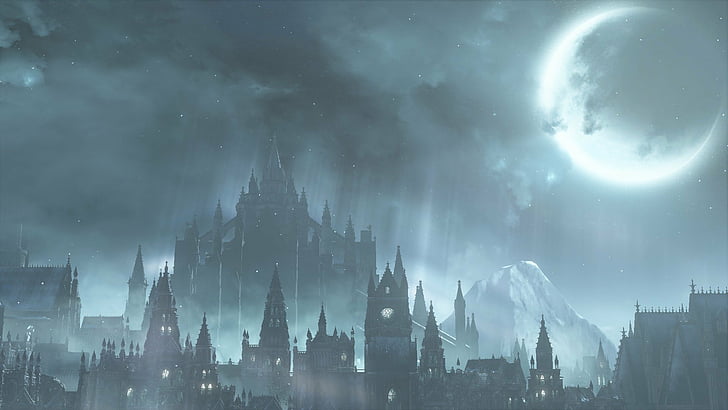 Dark Souls, Dark Souls III, City, Irithyll of the Boreal Valley, Moon, Night, Video Game, HD wallpaper