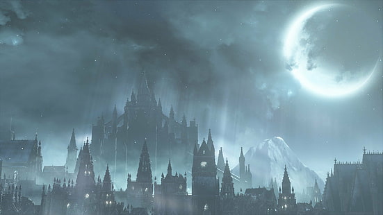 Dark Souls, Dark Souls III, City, Irithyll of the Boreal Valley, Moon, Night, Video Game, HD wallpaper HD wallpaper