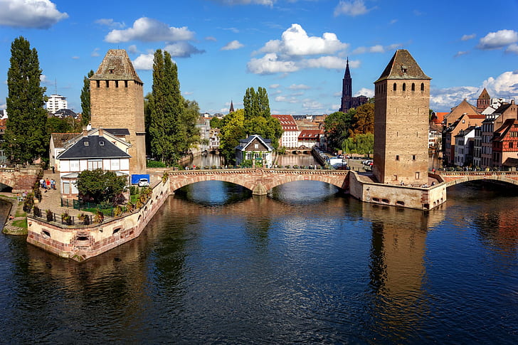 Strasbourg, France, canal bridge, bridge, river, sky, France, house, canal, Strasbourg, HD wallpaper