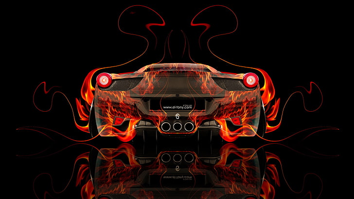 black and red car, Color, Auto, Black, Fire, Machine, Ferrari, Style, Orange, Italy, Wallpaper, Background, Flame, Car, Art, 458, Photoshop, Abstract, Design, Back, Colors, Italia, 2014, el Tony Cars, Tony Kokhan, HD Wallpapers, Rear View, HD wallpaper