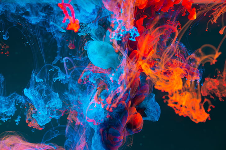 Абстракт, дим, синьо, цветове, изпръскване, оранжево (цвят), HD тапет