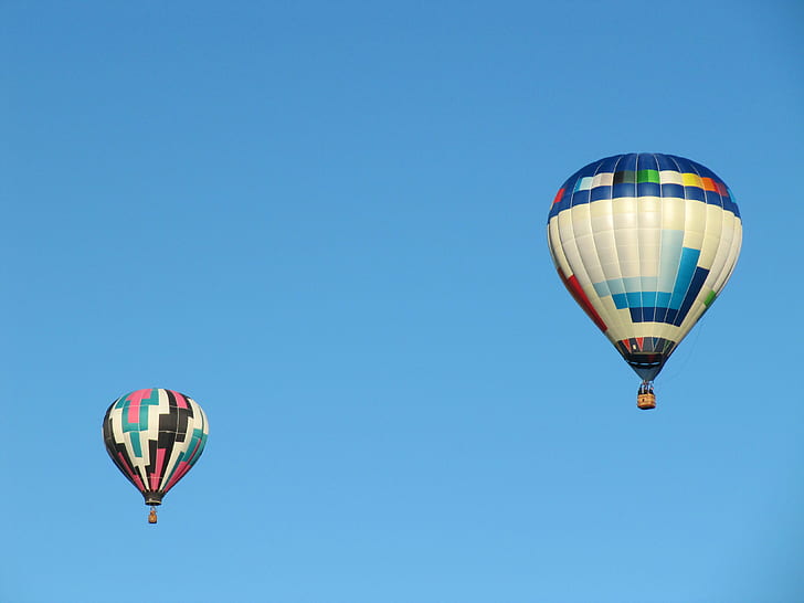 two Hot Air balloons photo during daytime, Hot Air Balloons, photo, daytime, hot Air Balloon, flying, adventure, basket, sky, air Vehicle, air, transportation, multi Colored, travel, blue, outdoors, sport, heat - Temperature, HD wallpaper