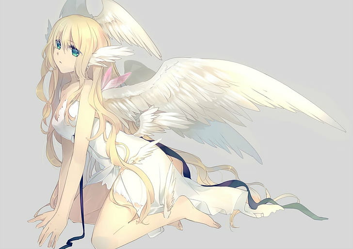 angel, blonde, blue, dress, eyes, hair, hinata t6, original, wings, HD wallpaper