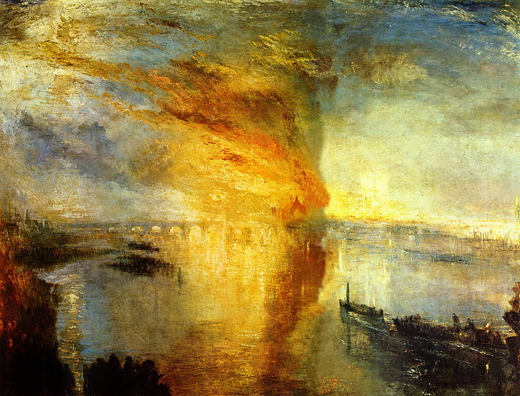pintura abstrata bege, marrom e preto, J. M. W. Turner, pintura, arte clássica, fogo, HD papel de parede