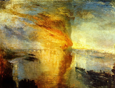 pintura abstrata bege, marrom e preto, J. M. W. Turner, pintura, arte clássica, fogo, HD papel de parede HD wallpaper