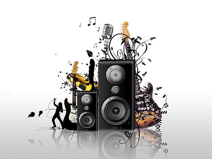 ilustração de kit de banda preta, guitarra, alto-falantes, música, arte digital, instrumento musical, HD papel de parede HD wallpaper