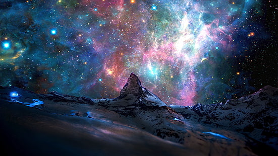 papel de parede galáxia, ilustração de raios cósmicos, estrelas, montanhas, nebulosa, paisagem, espaço, natureza, arte digital, arte espacial, colorido, neve, pico nevado, Matterhorn, HD papel de parede HD wallpaper