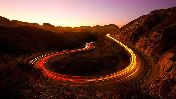 Auto Lights On A Canyon Road, timelaps photography, long exposure, lights, road, cliffs, sunset, nature and landscapes, HD wallpaper