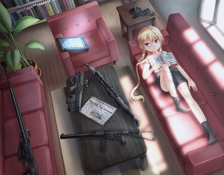 garotas de anime, arma, arma, Jessica Jefferson, personagens originais, metralhadora, HD papel de parede