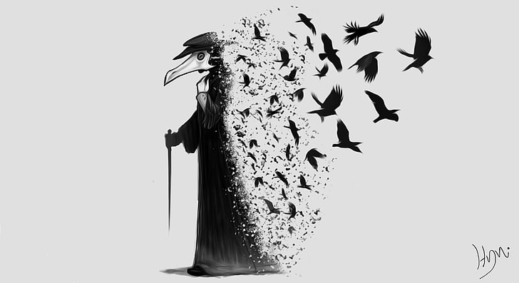 fictional character holding cane illustration, Plague, plague doctors, the Darkness, dark, raven, crow, black, HD wallpaper