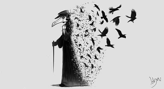 postać fikcyjna trzymająca laskę ilustracja, dżuma, lekarze zarazy, ciemność, mrok, kruk, wrona, czarny, Tapety HD HD wallpaper