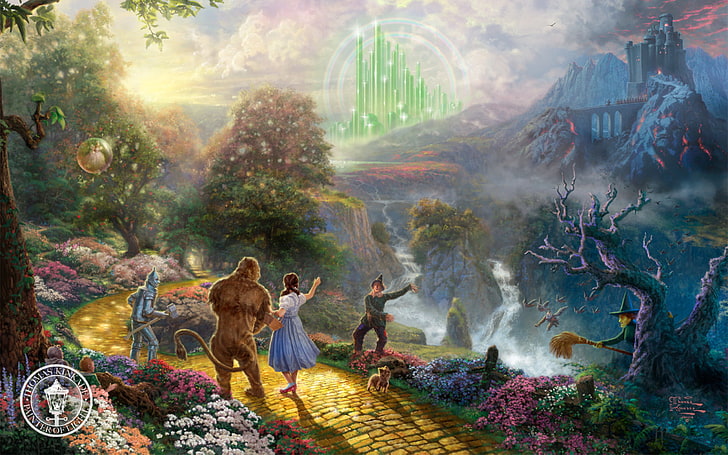 El cartel del mago de Oz, el castillo, la película, los dibujos animados, la fantasía, la pintura, el perro, los personajes, Thomas Kinkade, el cine, el entretenimiento, Disney, Toto, el león cobarde, el Espantapájaros, el Hombre de hojalata, la bruja malvada, Dorothy descubre la ciudad esmeralda,Dorothy, el mago de Oz, Fondo de pantalla HD