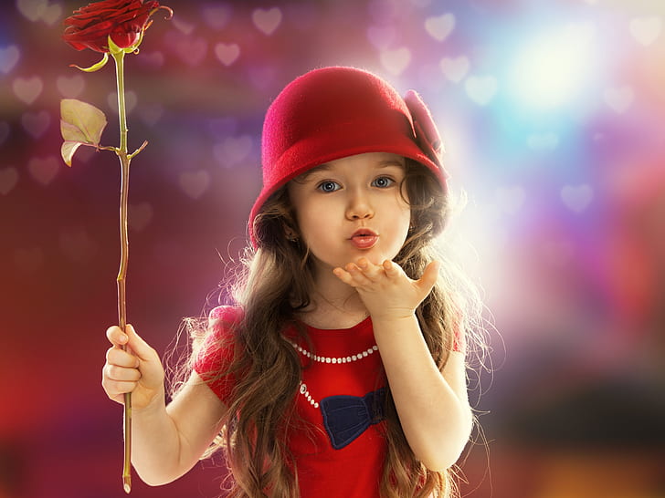 Cute red dress little girl, child, sweet kiss, Cute, Red, Dress, Little, Girl, Child, Sweet, Kiss, HD wallpaper