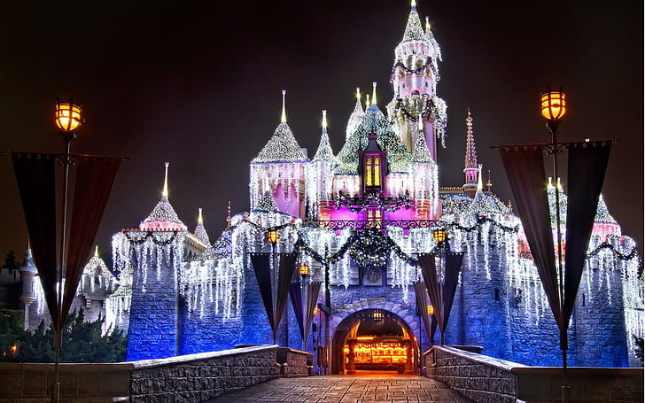 paysage urbain, château, Disneyland, lumières, Fond d'écran HD