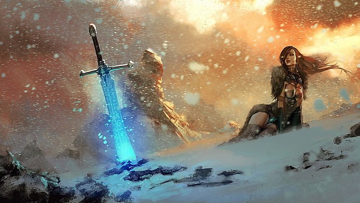 черноволосая женщина аниме иллюстрация персонажа, шатенка покрыта снегом плакат игры, видеоигры, меч, фэнтези-арт, женщины, снег, горы, воин, магия: сбор, HD обои