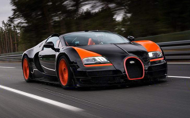 black and orange sports coupe, forest, background, Bugatti, Veyron, supercar, the front, hypercar, Grand Sport, Vitesse, 16.4, World Record Car Edition, HD wallpaper