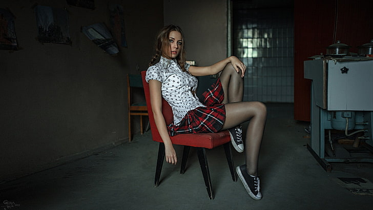 women's red and green plaid miniskirt, woman wears white and black button-up shirt sit on red leather armless chair, skirt, sneakers, chair, black stockings, ponytail, sitting, Georgy Chernyadyev, Ksenia Kokoreva, pantyhose, women, legs, HD wallpaper
