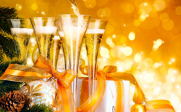 New Year Champagne, five clear drinking glasses, Holidays, New Year, Year, happy new year, Champagne, 2013, HD wallpaper