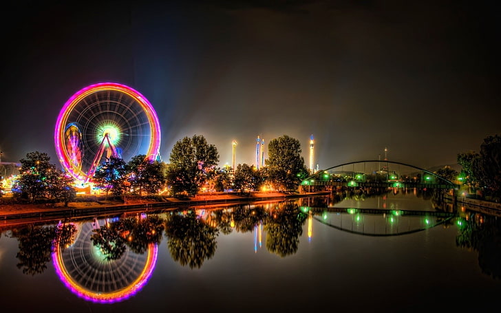 city fairground, cityscape, river, bridge, lights, reflection, HDR, ferris wheel, wheels, HD wallpaper