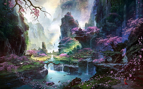 강 근처에 심은 핑크 꽃잎 나무, 판타지 아트, 아시아 건축, 벚꽃, HD 배경 화면 HD wallpaper