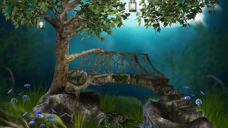 dreamland, stairs, dream, tree, lanterns, HD wallpaper