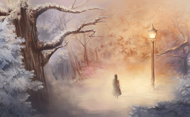 Les Chroniques de Narnia, art fantastique, lanterne, arbres, artwork, Fond d'écran HD
