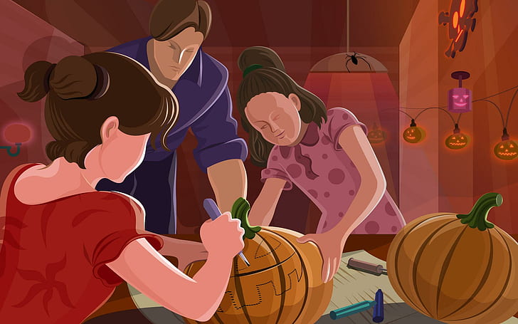 Preparando The Pumpkin, tres personas haciendo ilustración de jack o lantern, niños, halloween, linterna, talla, 3d y abstracto, Fondo de pantalla HD