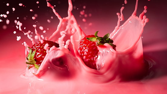 Strawberries juice, berries, pink, splash, strawberry fruit, Strawberries, Juice, Berries, Pink, Splash, HD wallpaper HD wallpaper