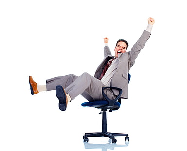 paletó formal cinza masculino, terno, cadeira, fundo branco, felicidade, sucesso, HD papel de parede HD wallpaper