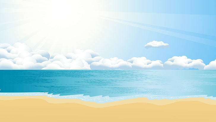 пляж, солнце, графика, море, горизонт, дневное время, иллюстрация, океан, песок, цифровое искусство, берег, солнечный свет, лето, HD обои