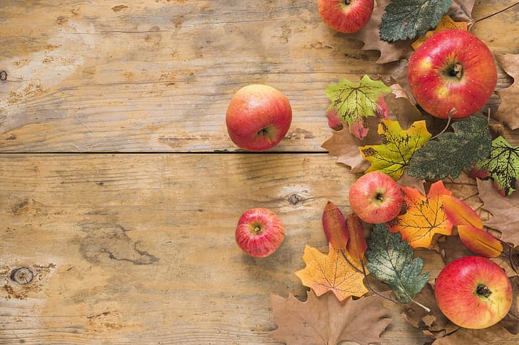 осень, листья, фон, яблоки, доски, разноцветные, клен, древесина, HD обои