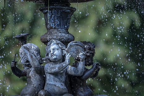 anioł, fontanna, ogród, grecki, stary, posąg, woda, Tapety HD HD wallpaper