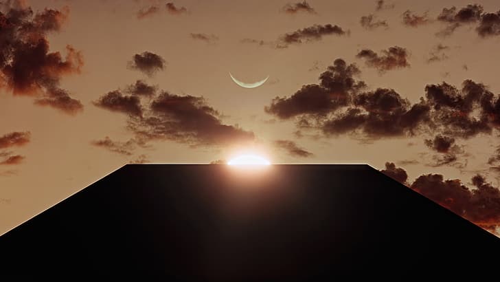 2001: Odissea nello spazio, film, fotogrammi, cielo, sole, luna, nuvole, monolito, Stanley Kubrick, Sfondo HD
