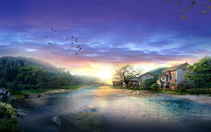 Sunrise in Digital Japan, sunrise, digital, japan, nature and landscape, HD wallpaper
