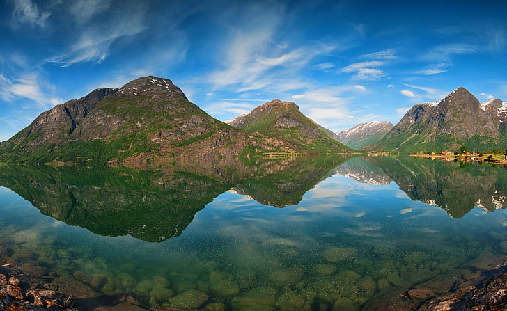 fjord, mountains, water, reflection, Norway, lake, snowy peak, villages, nature, landscape, HD wallpaper