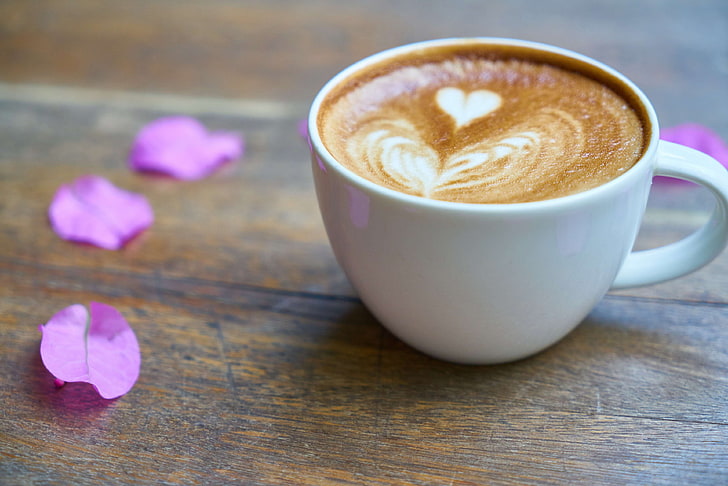 aroma, beverage, breakfast, brown, caf, caffeine, cappuccino, close up, coffee, coffee cup, coffee drink, cup, cup of coffee, dawn, delicious, design, drink, espresso, flower, foam, food, fresh, heart, hot, latte, HD wallpaper