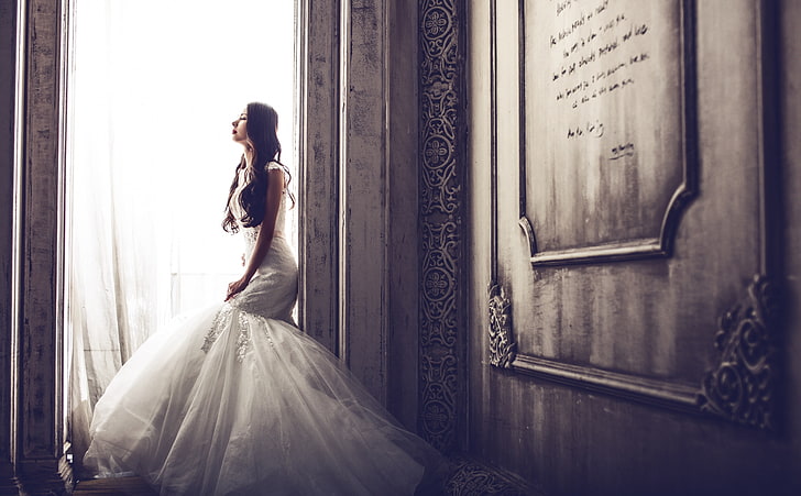 Mariée, femme en robe de mariée florale blanche, filles, belle, femme, incroyable, mariage, mariée, robe, Fond d'écran HD