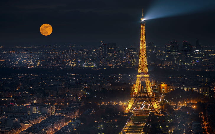 светлини, луната, Франция, Париж, панорама, нощен град, Айфелова кула, HD тапет