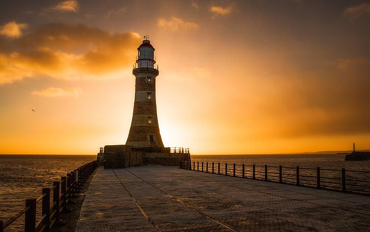 Matahari Terbit, Sunderland, Mercusuar Roker, Inggris, Wallpaper HD