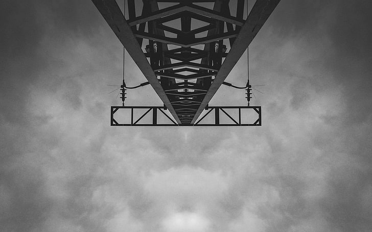 monochrome, utility pole, transmission tower, electricity, power lines, Photoshop, symmetry, Germany, HD wallpaper